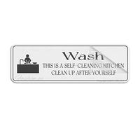 Letrero de plástico acrílico con texto en inglés "Wash This Is A Self-Cleaning Kitchen Clean Up After Yourself", para pared o puerta, esquinas redondeadas, de larga duración, con cinta adhesiva fuerte
