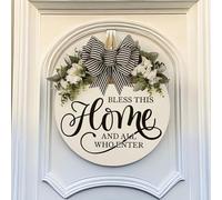 Letrero de plástico para colgar en la puerta con arreglo floral de primavera y inscripción atemporal Bless This Home para decoración del hogar de temporada (A)