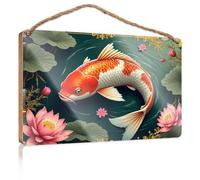 Letrero de porche de primavera con texto en inglés "A Colorful Koi Fish Swims Among Lotus Flowers Wooded Sign" para exteriores y decoración de sala de juegos (15 x 28 cm)