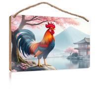 Letrero de porche de primavera con texto en inglés "A Colorful Rooster Stands by A Serene Lake with Cherry Blossoms" - Letrero de madera para exteriores y decoración de sala de juegos (23 x 35 cm)