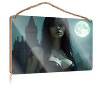 Letrero de porche de primavera con texto en inglés "A Woman in Black Leather with Blood, Standing Under A Full Moon", letrero de madera para exteriores y decoración de sala de juegos (23 x 35 cm)