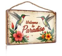 Letrero de puerta de baño para el hogar, bienvenido al paraíso: colibríes y flores tropicales, letrero de madera para patio, bar, accesorios de porche de otoño (15 x 28 cm)