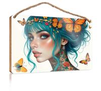 Letrero de puerta de invierno con diseño floral de fantasía: una mujer con mariposas y flores, letrero de madera para habitación, regalos de verano (20 x 30 cm)