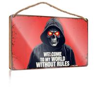 Letrero de puerta para el hogar, divertido cráneo con capucha: "Welcome To My World Without Rules", letrero de madera para exteriores, decoración de otoño, decoración colgante para puerta (15 x 28 cm)