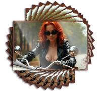 Letrero de reglas de barra de motociclista pelirrojo con chaqueta de cuero en motocicleta, 10 unidades, letreros de metal divertidos para decoración de bar deportivo (6 x 9 cm)