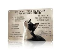 Letrero de reglas de gato con texto en inglés "When Visiting My House Please Remember", decoración de pared para restaurante, cafetería, 8 x 12 pulgadas