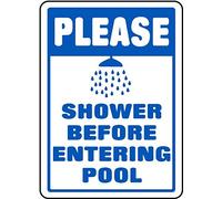 Letrero de reglas de piscina, decoración de pared para interiores y exteriores, letreros de metal de 12 x 8 pulgadas, letrero de lata para piscina, por favor ducha antes de entrar en la piscina