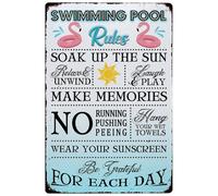 Letrero de reglas de piscina, divertido letrero de metal decorativo para uso en interiores y exteriores, placa colgante duradera de 12 x 8 pulgadas, decoración para el hogar, patio, bar, pub, gimnasio