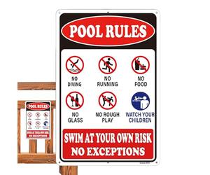 Letrero de reglas de piscina, placa decorativa de advertencia de seguridad de aluminio, decoración de piscina al aire libre, para playa, natación, verano, patio, terraza, puerta, casa, piscina