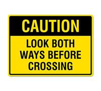 Letrero de seguridad con texto en inglés "Caution Look Both Ways Before Crossing", letrero de seguridad para sitio, letrero de metal, retro, vintage, póster de metal, decoración de pared, 8 x 12
