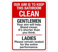 Letrero de seguridad de metal con el texto en inglés "Our Aim Is To Keep This Bathroom Clean Gentlemen" NO.19855, 8 x 12 pulgadas, advertencia clara para uso doméstico y comercial