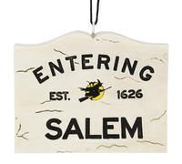 Letrero de Tree Buddees entrando a Salem con adorno de bruja para Halloween