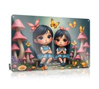 Letrero Decaor con texto en inglés "Two Sisters Sitting On A Bench Surrounded By Mushrooms And Butter" (30 x 40 cm)