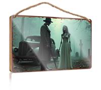 Letrero decorativo colgante con texto en inglés "A Mysterious Encounter In The Foggy Cemetery" (23 x 35 cm)
