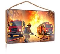 Letrero decorativo colgante con texto en inglés "Firefighters" Battle Blaze In Urban Emergency Scene Wooded Sign Gifts For The Office Hanging Pantry Sign Decor (20 x 30 cm)