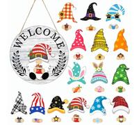 Letrero decorativo de gnomo de madera con 15 accesorios magnéticos para sombrero y 15 accesorios de estilo estacional para interiores (MZ980A)