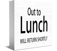 Letrero decorativo de madera con texto en inglés "Out To Lunch Will Return Shortly" para decoración de oficina, hogar, rústico, granja, cuadrado, escritorio, para estante, 5 x 5 pulgadas