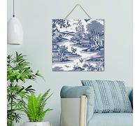 Letrero decorativo de madera para colgar en la pared de granja, estilo chinoiserie, pagoda asiática, porcelana blanca y azul, arte rústico, placa de madera de 12 x 12 pulgadas, diseño de flores de