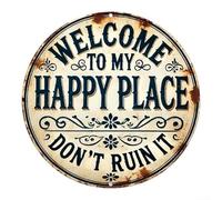 Letrero decorativo de metal con texto en inglés "Welcome to My Happy Place" en forma redonda para montaje en pared interior y exterior