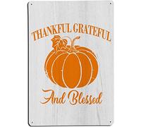 Letrero decorativo de otoño con texto en inglés "Thankful Grateful And Blessed Pumpkin Tin Metal Decor Wall Signs Rustic Art Thanksgiving Day Plaque for Farmhouse Wall Decor Poster Metal Sign 8X12"