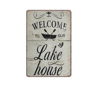 Letrero decorativo divertido estilo vintage "Bienvenido a nuestra casa del lago" con frases. Letrero rústico de metal divertido. Póster decorativo para pared de cocina, jardín, baño, granja, hogar, c