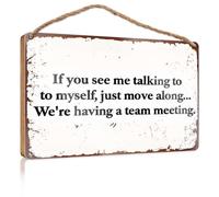 Letrero decorativo para colgar con texto en inglés "If You See Me Talking To Myself, Just Move Along We'Re Have A Team Meeting Wooded Sign", accesorios de escritorio para mujer (15 x 28 cm)