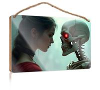 Letrero decorativo para puerta con texto en inglés "A Woman Gazes Into The Eye Of A Skeletal Figure With A Red Light Wooded Sign" para adolescentes (23 x 35 cm)