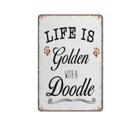 Letrero decorativo rústico con texto en inglés "Life is Golden with A Doodle" para perro, mamá, hogar, letrero de metal divertido, arte de pared para cocina, jardín, baño, granja, hogar, café