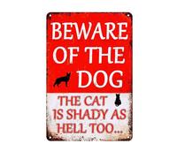 Letrero divertido con texto en inglés "Beware Of The Dog The Cat Is Shady Too", letrero de metal vintage para advertencia de perro, letreros de metal para el hogar, cocina, bar, pub, 12 x 8 pulgadas