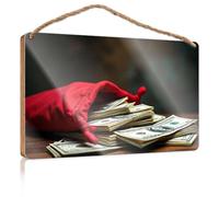 Letrero divertido de cocina con texto en inglés "A Red Bag Spilling Out Stacks of Money Wooded", letrero de bienvenida para puerta delantera, letrero de cueva de hombre divertido (15 x 28 cm)