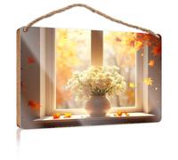 Letrero divertido para decoración de pared de baño, hojas de otoño y flores blancas en el alféizar de la ventana, letrero de madera para dormitorio, accesorios de habitación, letreros de decoración de