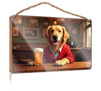 Letrero divertido para decoración del hogar para puerta, Golden Retriever disfrutando de una pinta en un acogedor pub, decoración de patio al aire libre, letrero de porche de otoño (23 x 35 cm)
