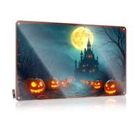 Letrero divertido para el hogar, noche de Halloween: Jack-O'-Lanterns And Haunted Castle Under A Full Tin Sign Funny Signs Metal Stuff For Your Room (20 x 30 cm)