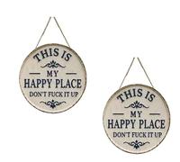 Letrero for colgar con texto en inglés "This Is My Happy Place Don't Mess It Up", redondo, rústico, de madera, decoración de pared vintage de granja for puerta de entrada(7.87 * 7.87 inch)
