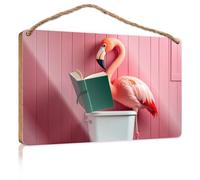 Letrero frontal con diseño de flamenco, libro de lectura en el inodoro, letrero de madera para colgar en la puerta, material genial para tu habitación (23 x 35 cm)