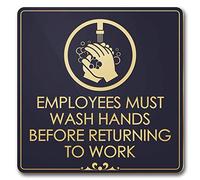 Letrero grabado con láser «Empleados que deben lavar las manos antes de volver al trabajo» - 5 3/4 pulgadas x 5 3/4 pulgadas - .050 negro/dorado plástico
