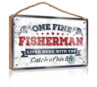 Letrero grande de madera con texto en inglés "One Fine Fisherman Lives Here With The Catch Of His Life", letrero de bienvenida para puerta delantera, accesorios de escritorio para M (20 x 30 cm)