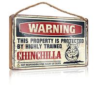 Letrero grande de madera con texto en inglés «Warning This Property Is Protected By A Highly Trained Chinchilla» para decoración de baño, arte de pared y oficina para hombres (15 x 28 cm)