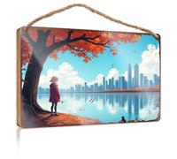 Letrero grande para el hogar Autumn Serenity: A Girl Reflects On City Skies Wooded Sign para carteles e impresiones de cocina (20 x 30 cm)