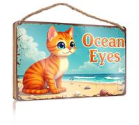 Letrero grande para el hogar con texto en inglés "A Cute Orange Kitten With Blue Eyes Sits On A Sandy Beach" para decoración de casa de campo (15 x 28 cm)