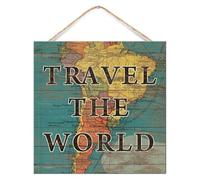 Letrero inspirador de madera establecido Travel The World decorativo para cabina histórico de acuarela mapa de viaje letreros de madera pintado para mesa de 12 x 12 pulgadas