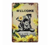 Letrero Metal Perro Girasol Lindo Pit Dog Girasoles Amarillos Bienvenido Artística Placas De Pared Decorativo Signo De Pared para Club Taberna Baño 30X20Cm