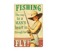 Letrero Metal Pin Up Fishing: El Camino Al Corazón De Un Hombre A Través De Su Mosca Artística Carteles De Pared De Metal Retro Afiche Placa De Metal para Inodoro Garaje Baño 30X20Cm