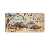 Letrero metálico de aluminio con texto en inglés "Family Where Life Begins and Love Never Ends" (Familia donde la vida comienza y el amor nunca termina) - Letrero de aluminio con diseño de vaca