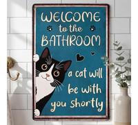 Letrero Metálico de Gato para Baño | Decoración Pared Vintage con Texto Gracioso “Welcome to the Bathroom”, Cartel Retro para Baño y Lavadero, en Metal, 30x20cm