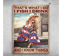 Letrero metálico divertido para amantes de la pesca con vino: "Eso es lo que hago: pescar, beber y aprender cosas". Letreros retro vintage para decoración de pared interior y exterior (8x12 pulgadas)