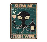 Letrero Metálico Pulpo Muéstrame Tu Vino Pulpo Kitchen Garden Divertidos Póster Letreros Retro Placas De Metal para para Bar Restaurantes Taller 30X20Cm