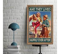 Letrero metálico retro de 30 x 40 cm con la frase "Y vivieron felices para siempre" (Pareja vaquera/vaquera), regalo vintage para casa nueva, arte de pared de aluminio con pareja de caballos para el