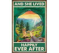 Letrero metálico vintage - Autocaravana y Vivieron felices para siempre Póster metálico Amantes del camping y los perros Golden Retriever 8x12 pulgadas Decoración de pared para dormitorio, sala de es