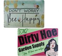 Letrero metálico vintage de girasol "Don't Worry Bee Happy" de The Dirty Hoe Garden Supply y placa decorativa